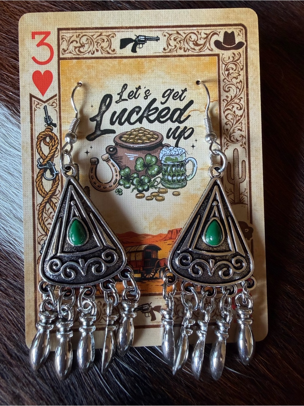 Western Southwest Green Teardrop Dangle Earrings Silver Tone Boho NEW